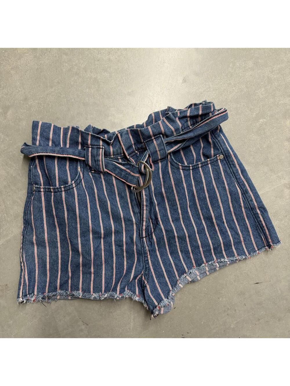 Mustard Seed Women’s Small Striped Belted High Rise Shorts Blue Red Frayed Hem